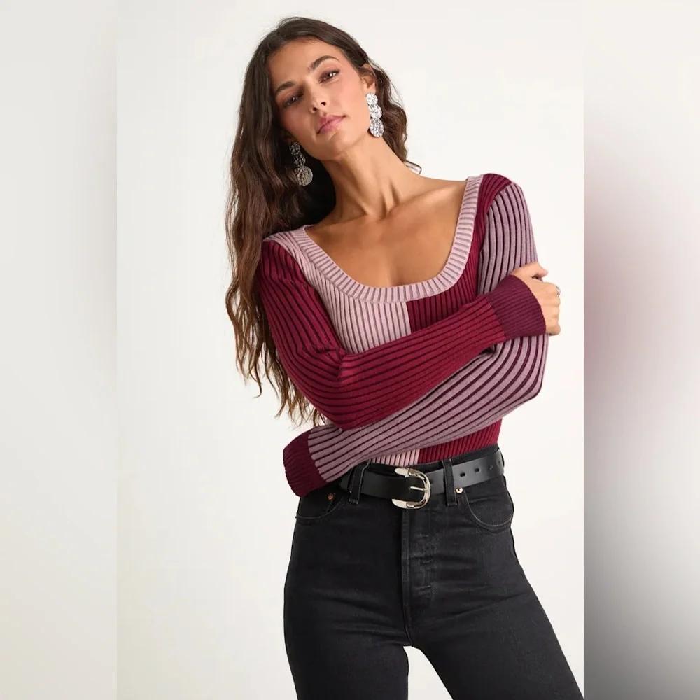 Lulus Mod Cutie Burgundy Color Block Ribbed Long Sleeve Bodysuit Small - Picture 5 of 6